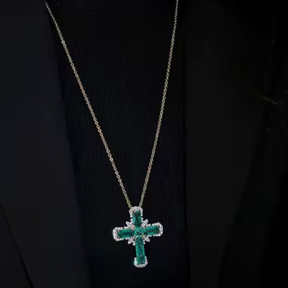 Elegant Gold and Green Cross Pendant Necklace - Picture 2 of 3